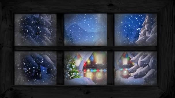 Animation Der Winterlandschaft Durch Fenster Mit Beleuchteten Häusern Der Nacht — Stockvideo