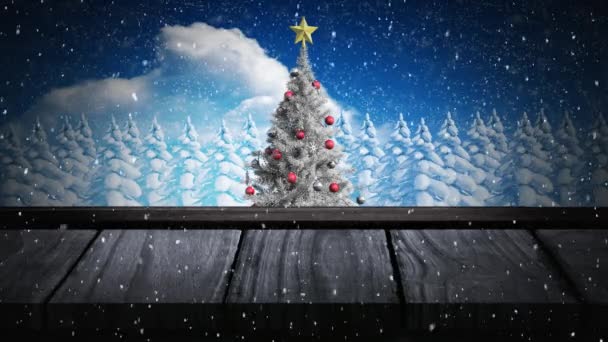 Animacja Zimowej Scenerii Płatkami Śniegu Spadającymi Nad Choinką Jodłami Wsi — Wideo stockowe