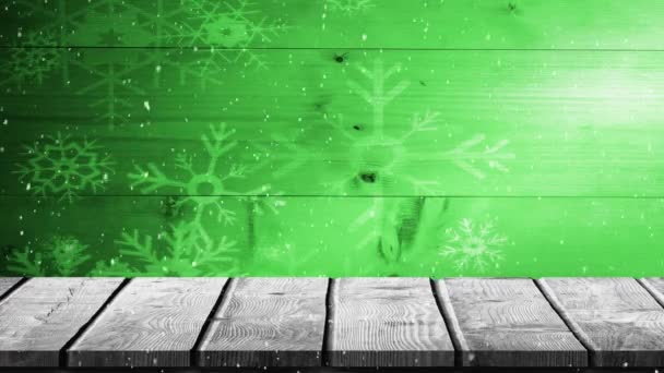 Animation Winter Scenery Snowflakes Falling Wooden Boards Green Background — Stock Video