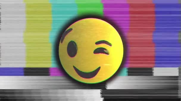 형형색색의 테스트 스크린 앞에서 거리는 이모티콘의 애니메이션 — 비디오