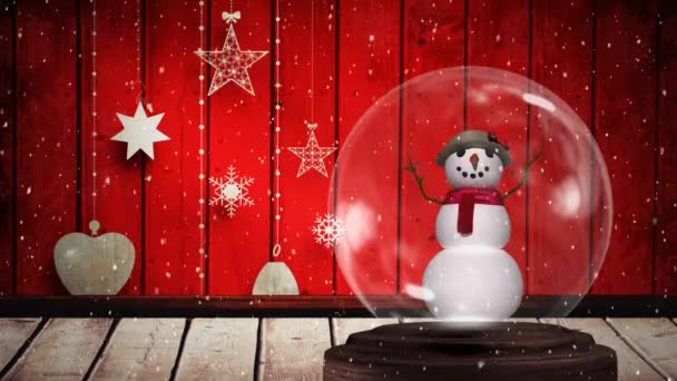 Анимация Зимних Пейзажей Падающими Снежинками Снеговик Снежном Шаре Красные Деревянные — стоковое видео