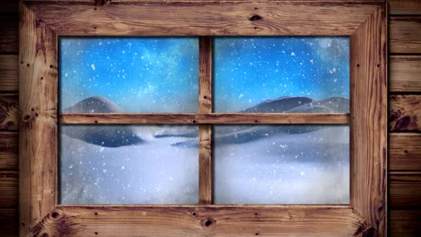 Animation Winter Scenery Seen Window Snowflakes Falling Countryside Covered Snow — Stock Video