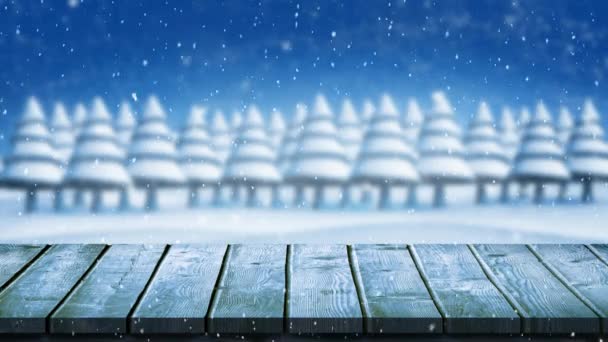 乡村冷杉和木板上飘落着雪花的冬景动画 — 图库视频影像