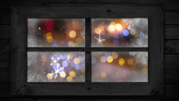 Animation Der Winterlandschaft Durch Fenster Mit Schneeflocken Die Zeitlupe Fallen — Stockvideo