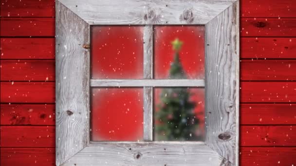 Animace Zimní Scenérie Přes Okno Padajícími Sněhovými Vločkami Vánoční Stromeček — Stock video