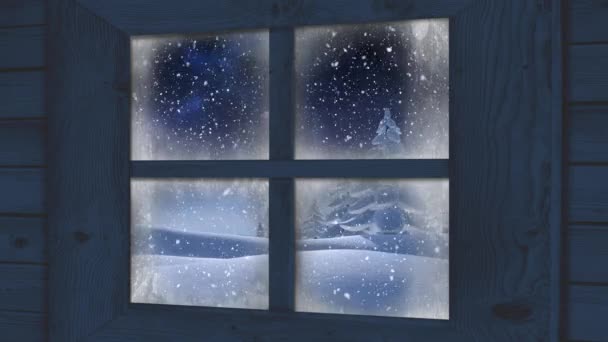 Animación Del Paisaje Invernal Visto Través Ventana Con Copos Nieve — Vídeo de stock