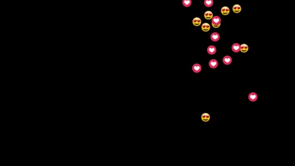 Animation Grupp Hjärtan Och Emoji Ikoner Faller Ner Höger Sida — Stockvideo