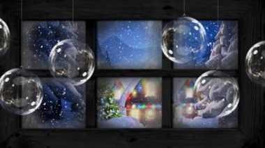Pencereden görünen kış manzarasının animasyonu kar taneleri düşüyor, kırsalda evler ve köknar ağaçları ön planda altı tane Noel cam süslemesi asılı.