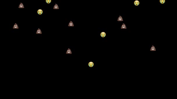 Animation de groupe d'emoji et de caca emoji icônes tombant sur fond noir 