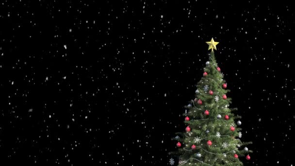 Siyah Arka Planda Noel Ağacıyla Geceleyin Yağan Kar Animasyonu — Stok video