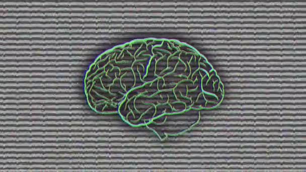绿色发光人脑在灰色闪烁条纹背景下的动画化 — 图库视频影像