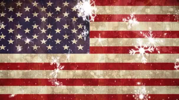 Animation Snow Falling Winter American Flag Background — Stock Video