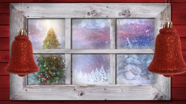 Animation Der Winterlandschaft Durch Fenster Mit Schneeflocken Der Landschaft Weihnachtsbaum — Stockvideo