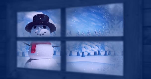 Анимация Зимнего Пейзажа Сельской Местности Рождество Снеговиком Снегом Выпадающим Окна — стоковое видео