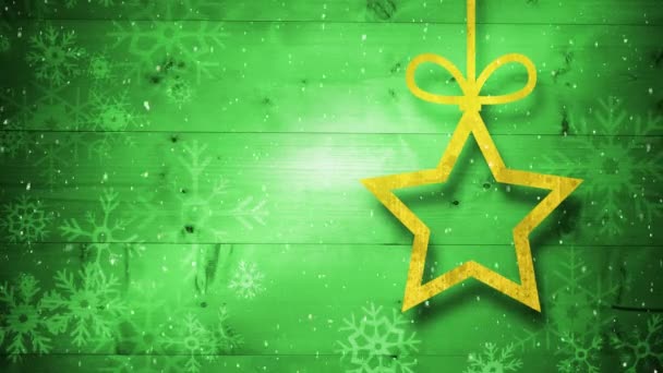 Animation Winter Scenery Snowflakes Falling Yellow Star Christmas Decoration Green — Stock Video
