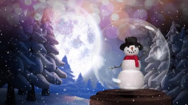 Анімація Різдвяної Снігової Кулі Сніговиком Всередині Падає Сніг Ялинки Сільській — стокове відео