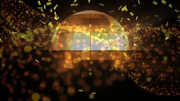 Animation New Year Eve Celebrations Gold Confetti Falling Disco Ball — Stock Video