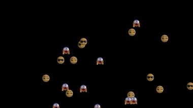 Siyah arkaplanda uçan bir grup emoji simgesinin canlandırması