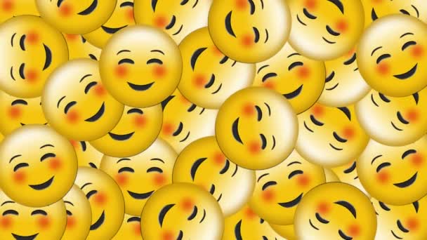 Animace skupiny šťastných emoji ikon padající na černé pozadí