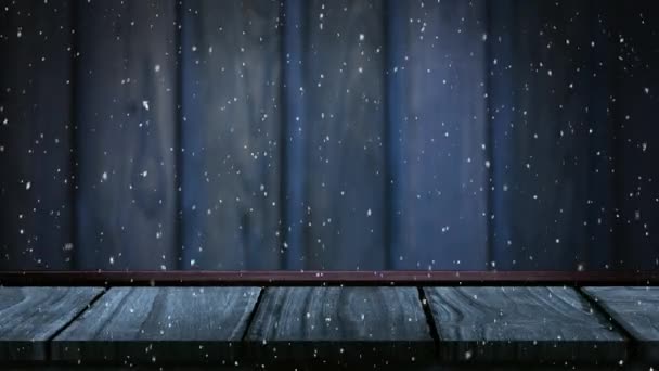Animatie Van Het Winterlandschap Met Vallende Sneeuwvlokken Blauwe Houten Planken — Stockvideo