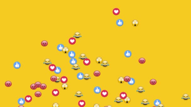 Animation Group Emojis Thumbs Heart Icons Flying Yellow Background — Stockvideo