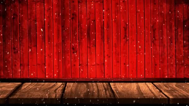 冬季雪花飘落的动画和红色背景的木板 — 图库视频影像