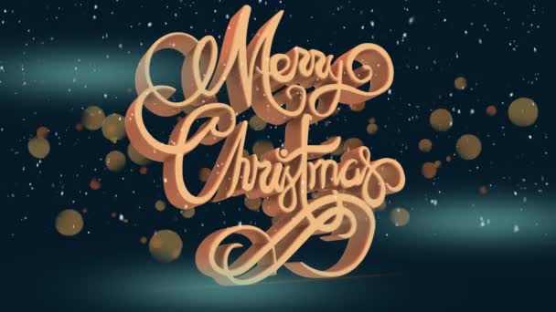 圣诞快乐 这几个字的动画 是用橙色写的 上面漂浮着灯光和白雪 背景是蓝色的 — 图库视频影像