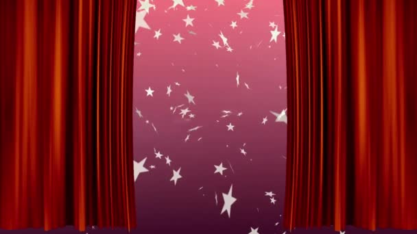 Animation Red Curtains Revealing Snowflakes Falling Pink Background — Stock Video