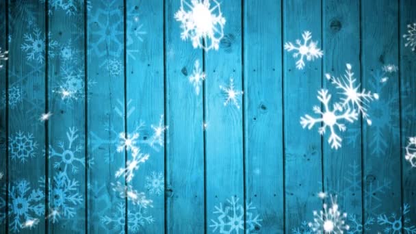 Animación Copos Nieve Cayendo Navidad Sobre Tablas Madera Azul Fondo — Vídeo de stock