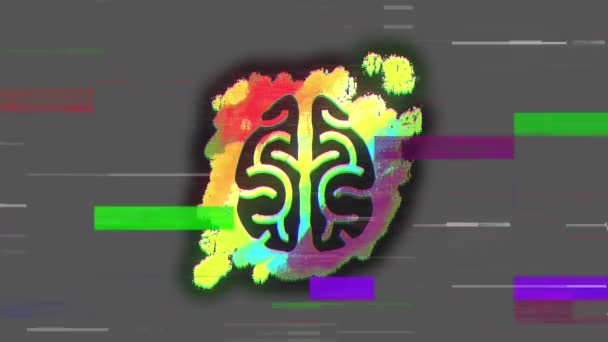 虹彩塗料スプラッシュ上の人間の脳の描画のアニメーションは灰色の背景にカラフルな長方形 — ストック動画