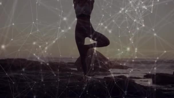 Animation Network Connections Woman Doing Yoga Sea Background — ストック動画