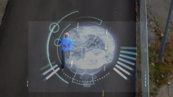Animation du traitement des données avec une vue en grand angle d'un homme faisant du jogging avec des écouteurs sur une route en arrière-plan 