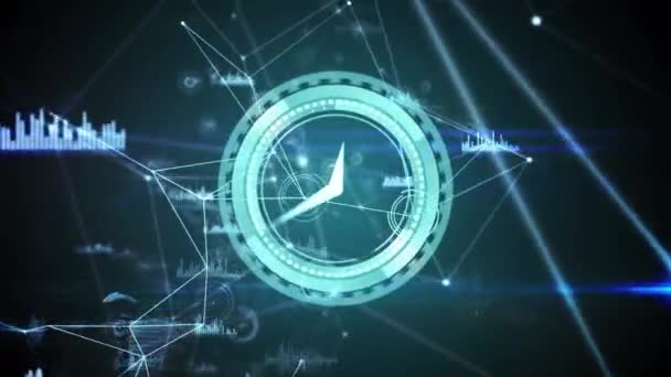 Koyu Mavi Arkaplandaki Bağlantı Ağıyla Hızlı Hareket Eden Saatin Canlandırması — Stok video