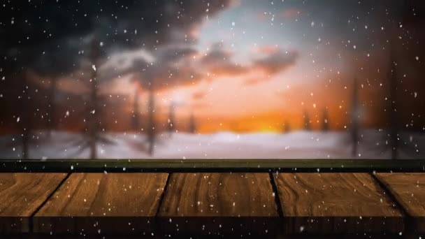Animation Winter Scenery Snowflakes Falling Fir Trees Countryside Wooden Boards — Stock Video