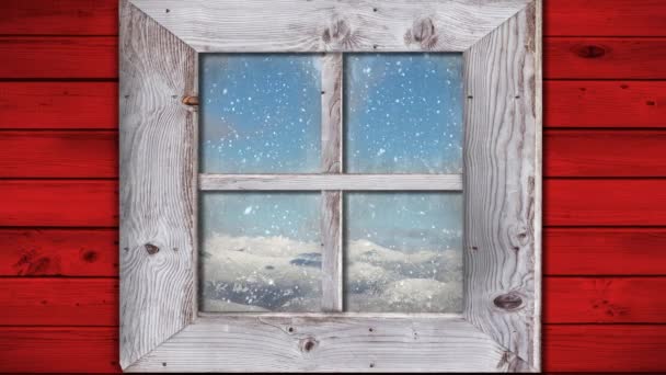 Animation Winter Scenery Seen Window Snowflakes Falling Countryside Covered Snow — Stock Video