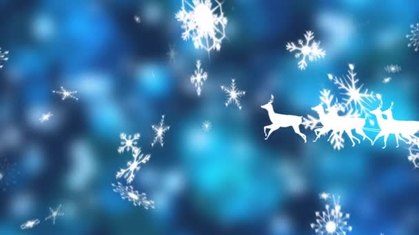 Анимация Белого Силуэта Санта Клауса Санях Тянущихся Северными Оленями Справа — стоковое видео