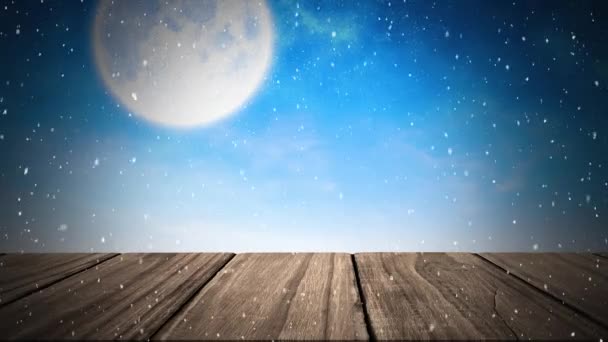 Animation Der Winterlandschaft Mit Schneeflocken Vollmond Blauem Himmel Und Holzbrettern — Stockvideo