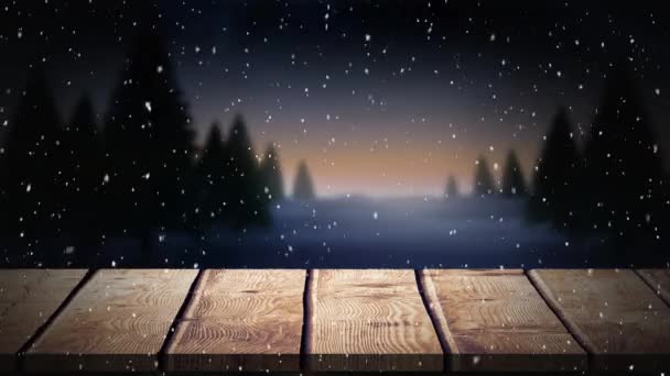Animación Paisajes Invernales Con Copos Nieve Cayendo Sobre Abetos Tablas — Vídeo de stock