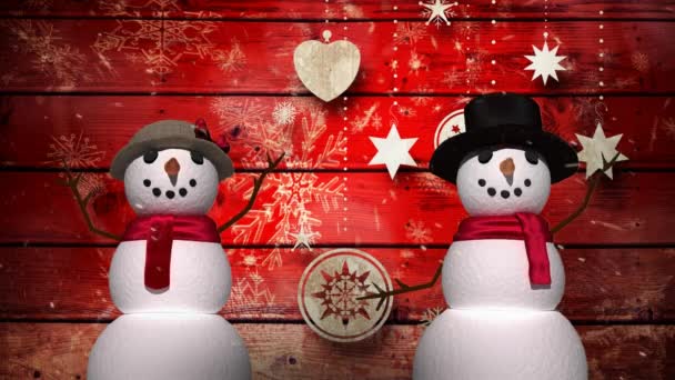 Animation Winter Scenery Snowflakes Falling Two Snowmen Waving Christmas Decorations — Stock Video