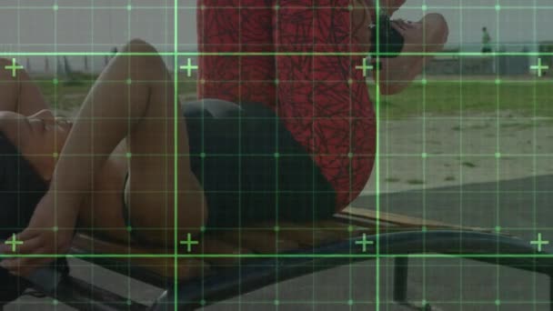 Animation Data Processing Side View Woman Doing Crunches Bench Park — Stock Video