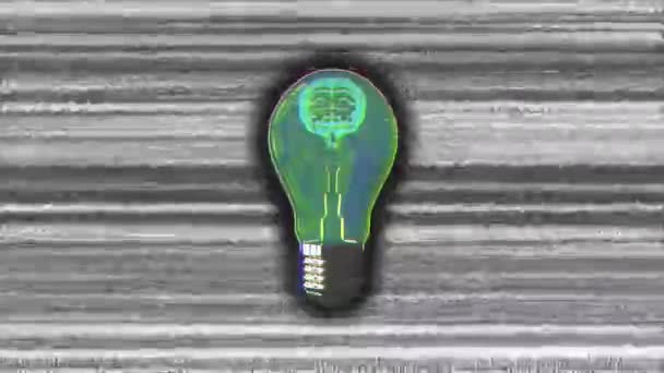 Animation Green Glowing Light Bulb Human Brain Flickering Grey Striped — Stock Video