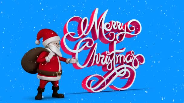 言葉のアニメーションサンタクロースと雪が青の背景に落ちて白と赤で書かれたメリークリスマス — ストック動画