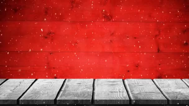 Animazione Fiocchi Neve Che Cadono Assi Legno Uno Sfondo Rosso — Video Stock