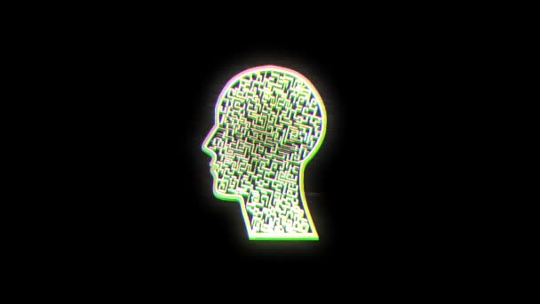 Анимация Головы Человека Зеленым Контуром Лабиринта Мерцания Черном Фоне — стоковое видео