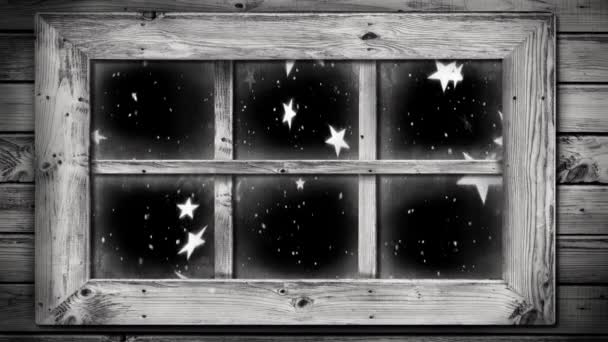 Анимация Зимних Пейзажей Через Окно Снежинками Звездами Падающими Ночью Сельской — стоковое видео
