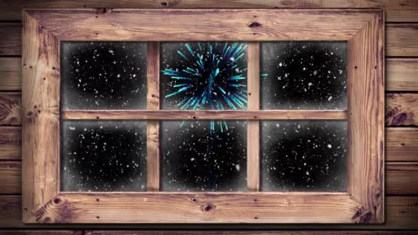 Animation Pink Blue Yellow Firework Display Snow Falling Seen Window — Stock Video
