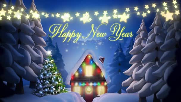妖精の光 クリスマスツリー モミの木やクリスマスの装飾の家の文字列と黄色の文字で言葉のアニメーションハッピー新年 — ストック動画