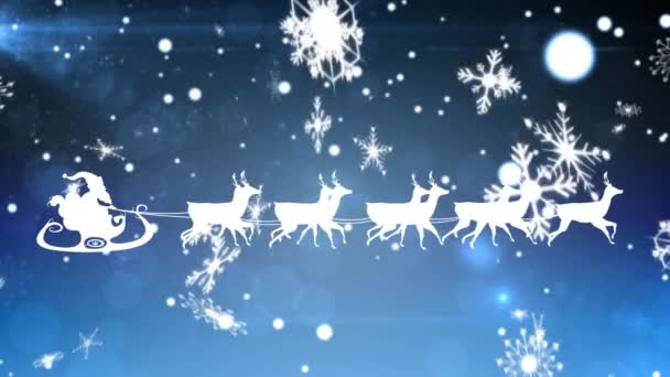 Анімація Білого Силуету Санта Клауса Санях Яку Тягне Різдво Сніжинками — стокове відео