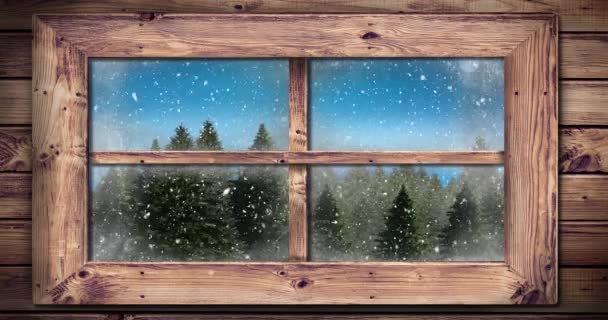 Animation Der Winterlandschaft Zur Weihnachtszeit Mit Schneefall Aus Dem Fenster — Stockvideo