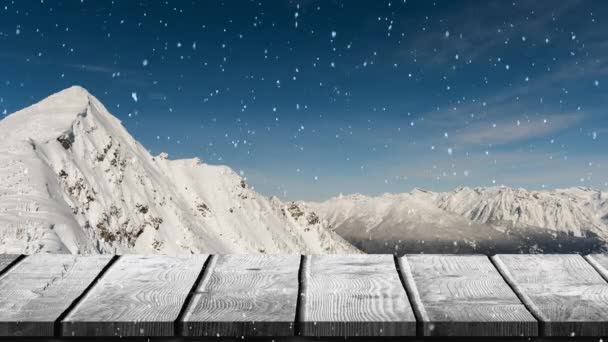 Animation Winter Scenery Snowflakes Falling Mountains Wooden Boards Background — Stock Video